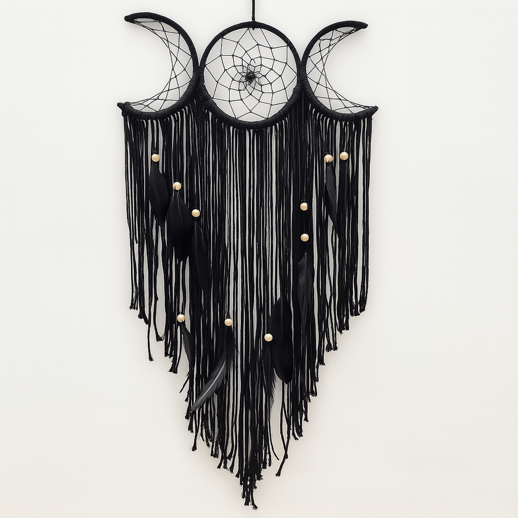 LunaGlow Black Triple Moon Goddess Dream Fall Charm Macrame Wall Hanging