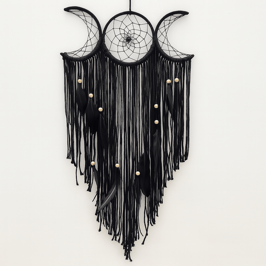 LunaGlow Black Triple Moon Goddess  Dream Fall Charm Macrame Wall Hanging