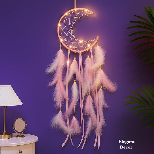 LunaGlow Pink Daisy Feather Moon Dream Fall Macrame Wall Hanging