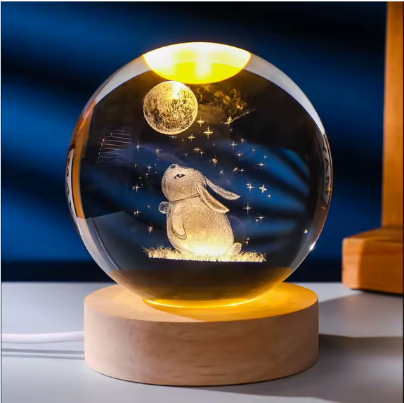 Rabbit Staring At Moon  Cosmic Crystal Sphere Lamps