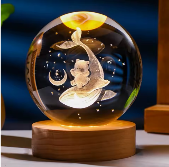 Teddy Ridding Whale In Milky Way Galaxy Cosmic Crystal Sphere Lamps